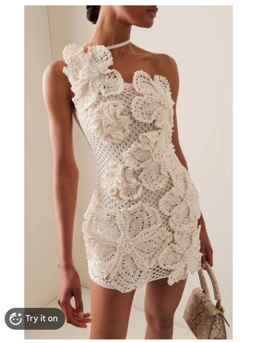 cult gaia Crochet One-Shoulder Floral Mini Dress in Cream